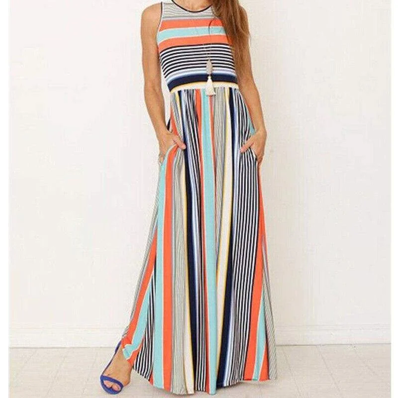 Chic Trends For The Fashion Savvy FashionSierra - Women Ladies Boho Stripe Bodycon Sleeveless Maxi Dress Pocket High Waist Summer Beach Dress Sundress New