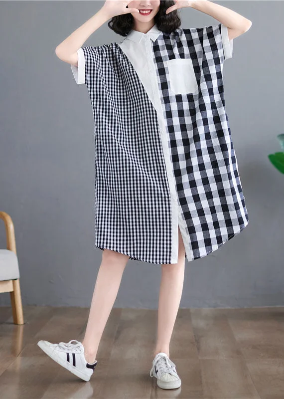 Trendy Women's Wear Beautiful Black White Plaid Peter Pan Collar Asymmetrical Design Patchwork Cotton Shirt Dress Short Sleeve