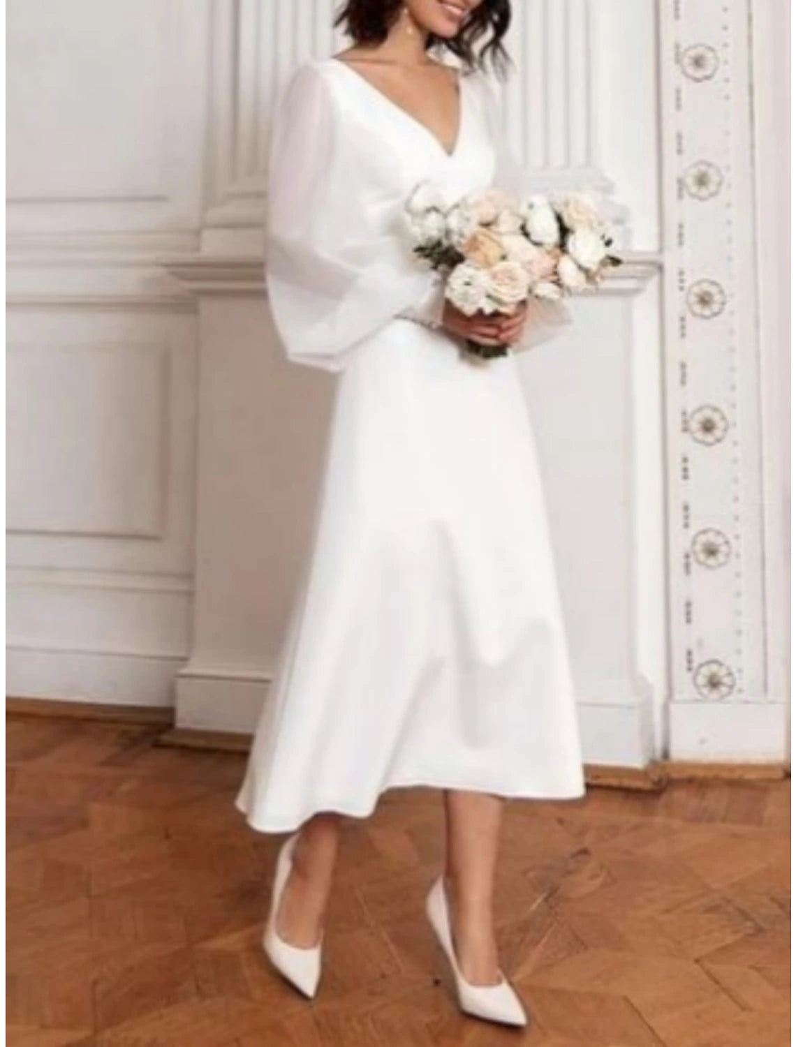 Affordable Women's Fashion Little White Dresses Wedding Dresses A-Line V Neck Long Sleeve Tea Length Satin Bridal Gowns With Pleats Solid Color