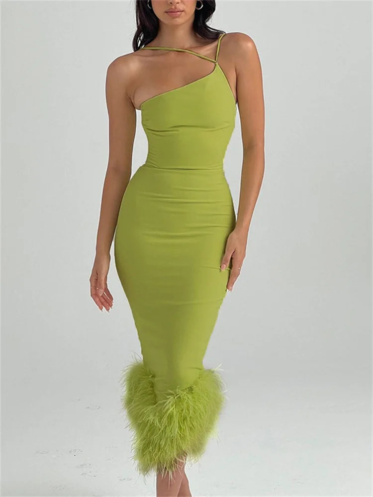 Trendy Aesthetics Elegant Feather Hem Sleeveless Party Club Asymmetrical Strap Midi Dress