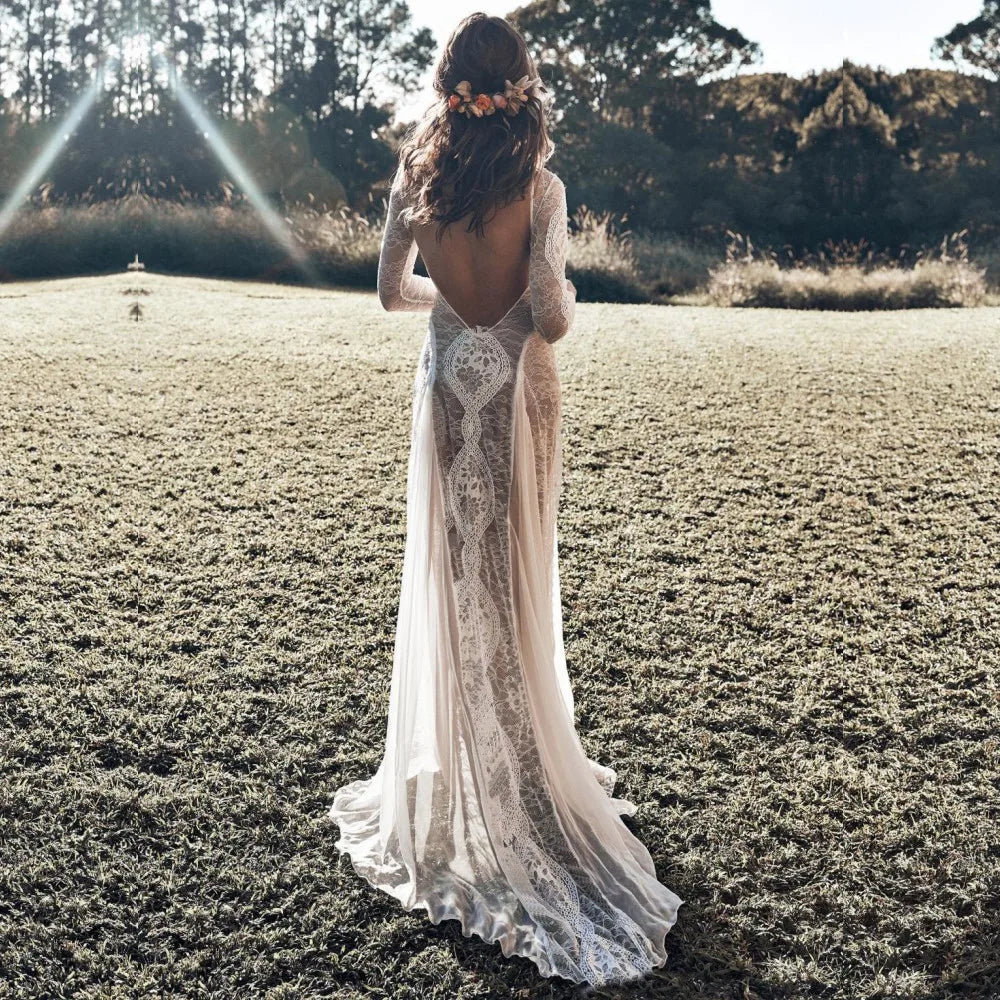 Wardrobe Refresh Backless  Wedding Dresses Long Sleeves Vintage Bohemian Open Back Sexy Illusion Beach Wedding Bridal Dress Simple Bride Gown