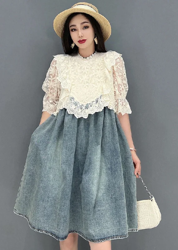 Limited Stock, Big Sale French Blue Stand Collar Hollow Out Lace Patchwork Cotton Denim Mid Dresses Short Sleeve