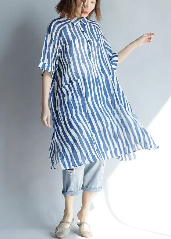 Seasonal Fashion DIY lapel pockets Cotton Tunic Fitted Sleeve blue striped A Line Dresses summer