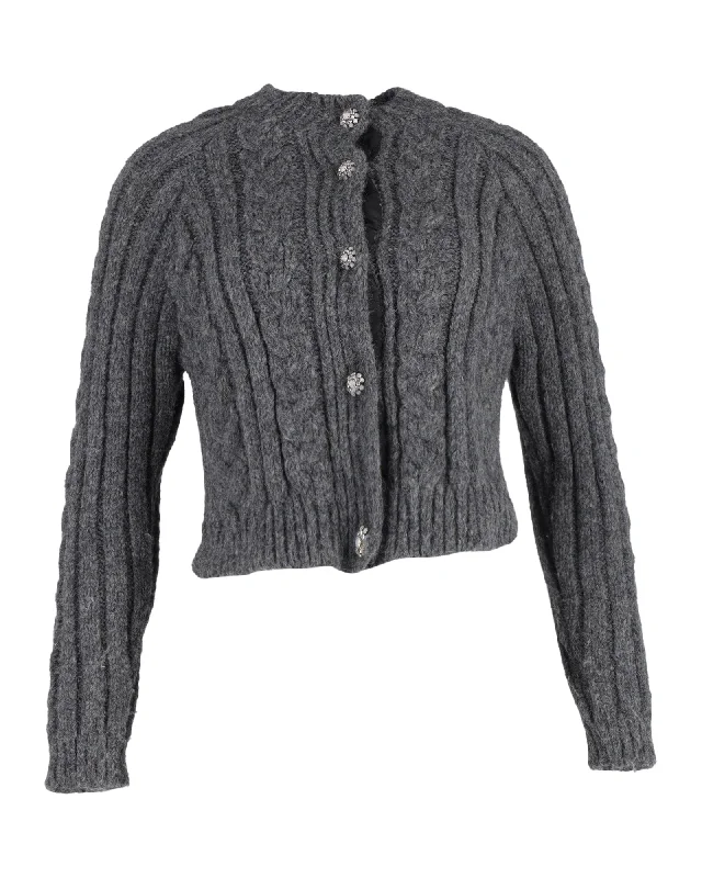 Eclectic Style Wardrobe Ganni Cable-Knit Crystal-Buttoned Cardigan in Grey Alpaca Blend