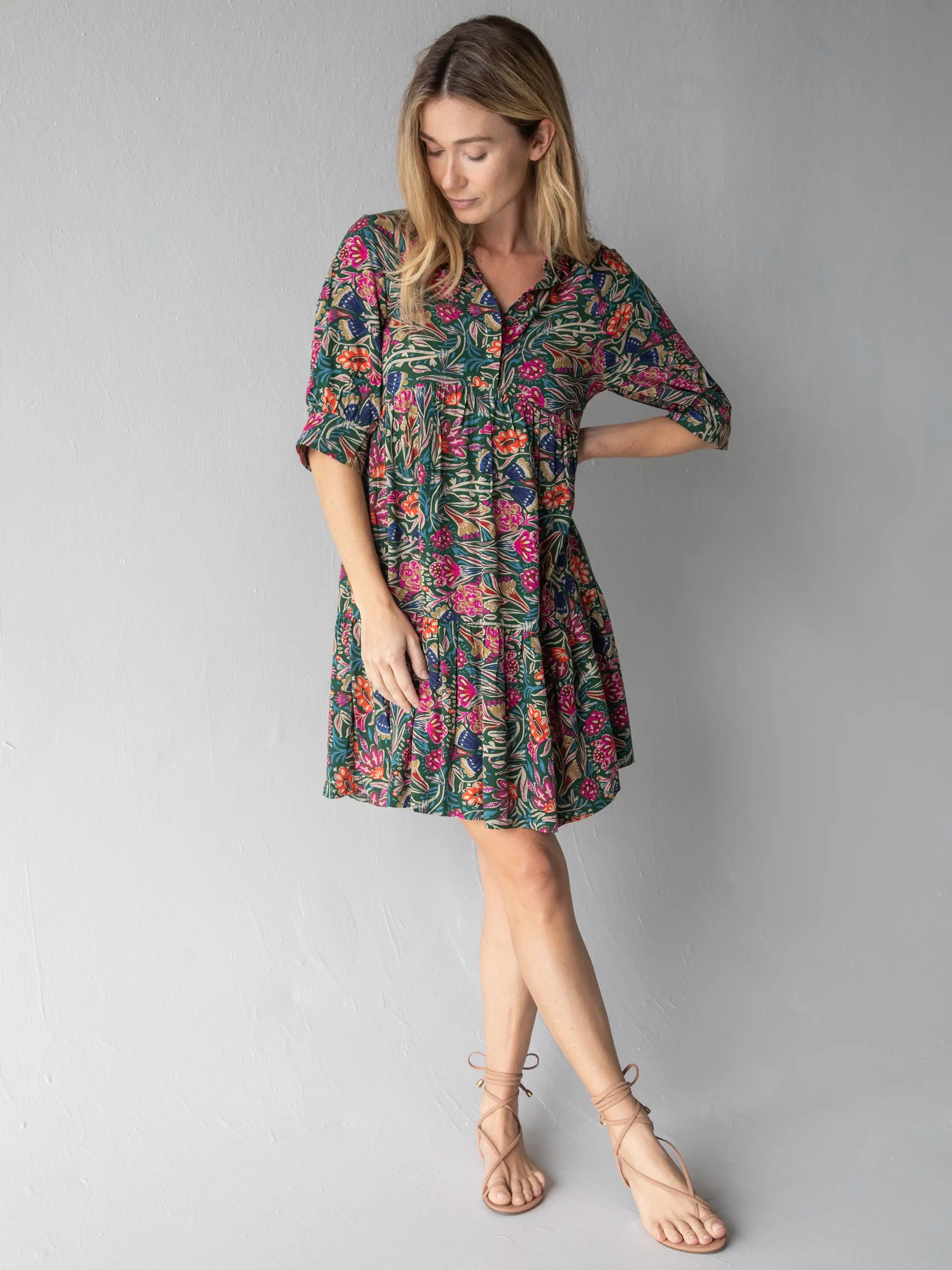 Clothing Online Becca Mini Dress - Green Lined Floral