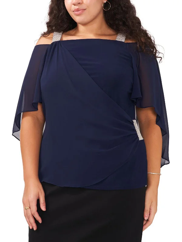 Timeless Elegance Plus Womens Embellished Cold Shoulder Blouse