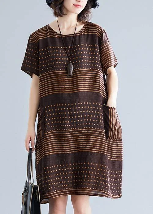 Evening Looks Beautiful chocolate dotted Cotton tunic top o neck pockets short Dress