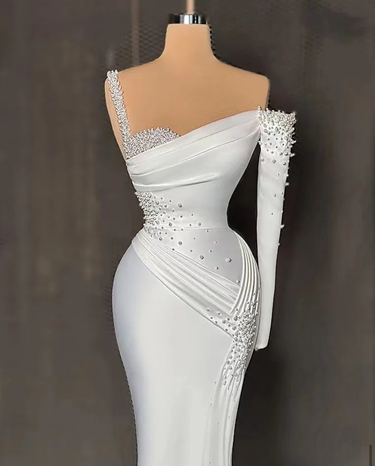 Women's Formal Wear New White One Shoulder Mermaid Prom Dress Puff Long Sleeves Sweep Train Sequins Beads Formal Evening Gowns Custom