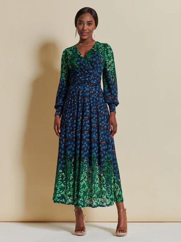 Vintage Fashion Quiyn Symmetrical Print Lace Maxi Dress, Blue Multi