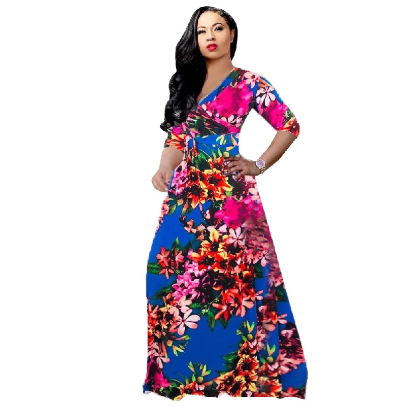 Luxe Women's Fashion Amazon Hot Sale  Casual Deep V-neck Print  Flower  Maxi Dress Plus Size Long Sleeve Prom Fashion Dress