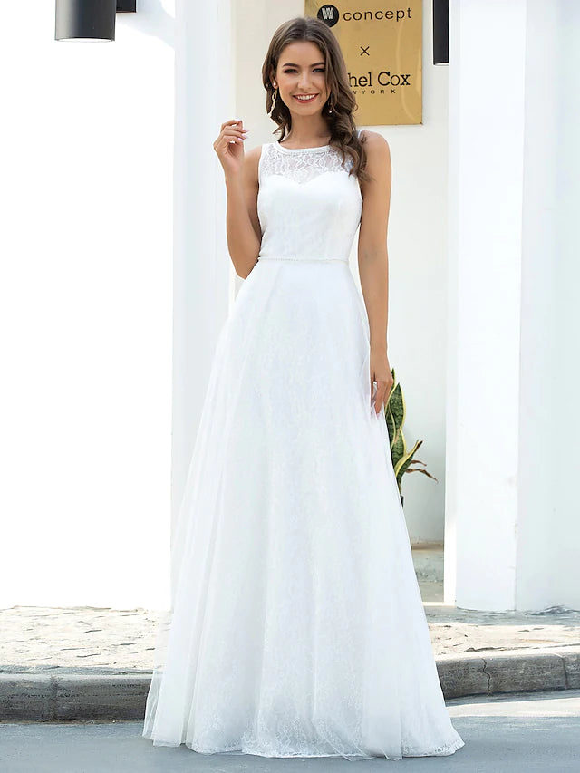 Pastel Styles Beach Wedding Dresses Floor Length A-Line Sleeveless Jewel Neck Lace With Lace