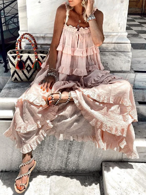 Bundle Offer Bohemian Solid Color Fungus Strap Dress