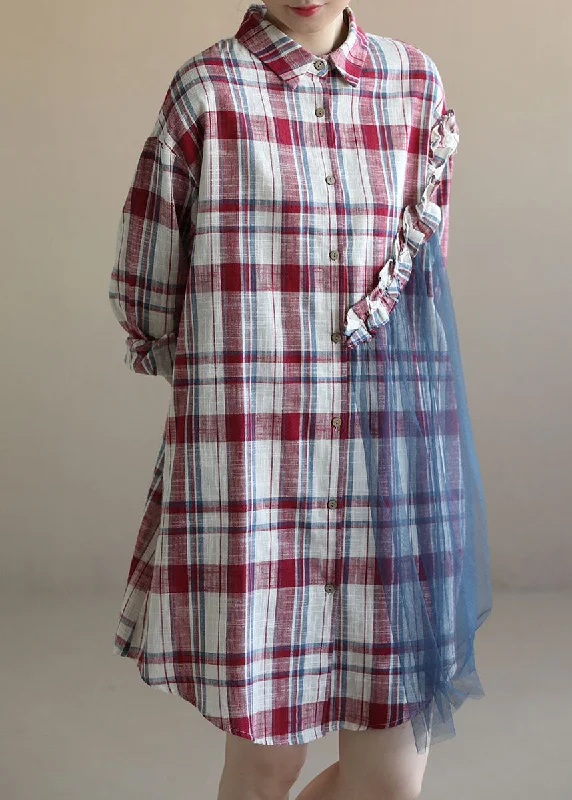 Trendy Women's Apparel Beautiful Red Plaid Ruffled Patchwork Tulle Cotton Linen Shirt Dress Long Sleeve