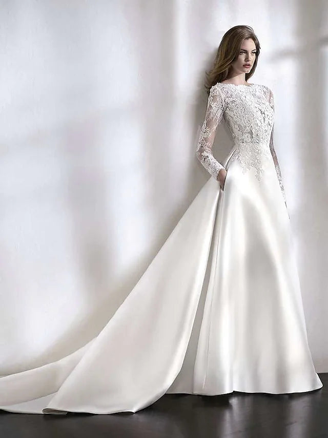 Trend Forward Threads For Her Beach Formal Wedding Dresses A-Line Long Sleeve Jewel Neck Satin With Lace Pleats