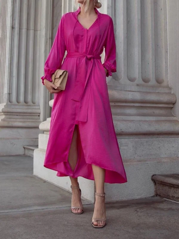 Clothing Woman V-neck Solid Color Wide Loose Dress