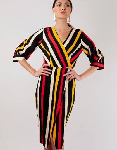 Elegant Style Marie Black Multi Stripe Wrap Style Dress