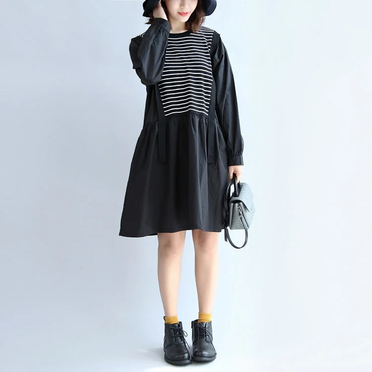 Casual Fashion 2024 dark striped knit patchwork cotton dresses plus size o neck casual dress