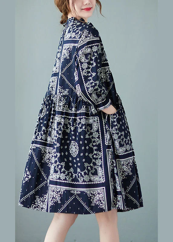 Gorgeous Glamour Collection Plus Size Navy O-Neck Patchwork Print Fall Dress Half Sleeve