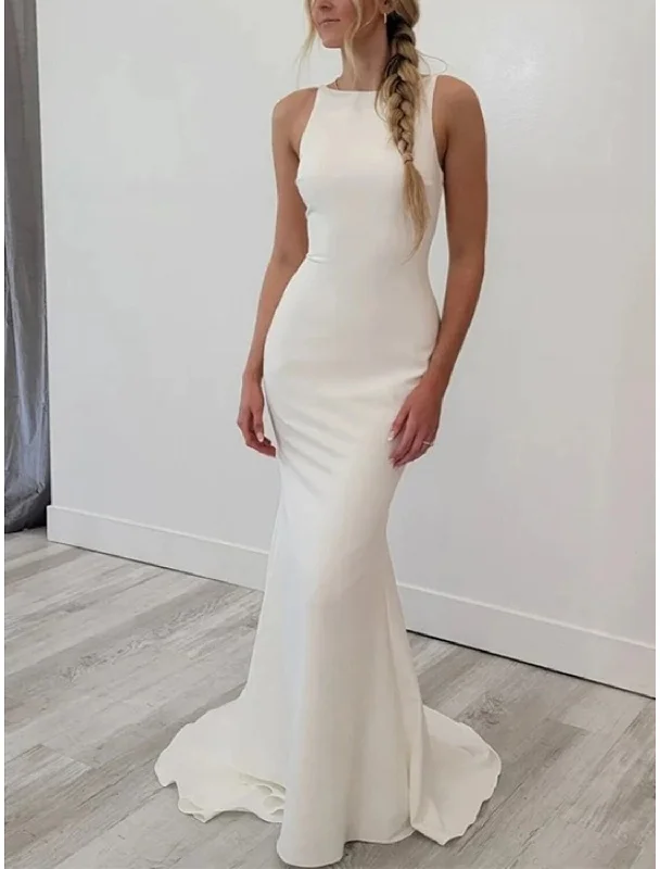 Final Sale Reception Casual Wedding Dresses Sheath / Column Scoop Neck Sleeveless Sweep / Brush Train Stretch Fabric Bridal Gowns With Solid Color