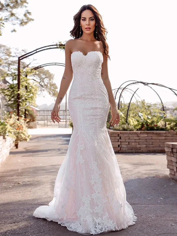 Fashion Deal Trumpet/Mermaid Sweetheart Sleeveless Lace Applique Sweep/Brush Train Wedding Dresses