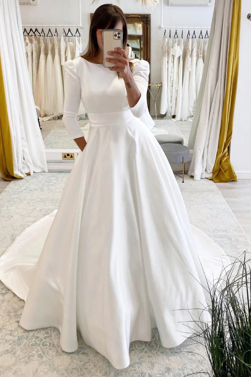 Trendy Street Style White Vintage A-Line Long Satin Bateau-Neck Backless Wedding Dress