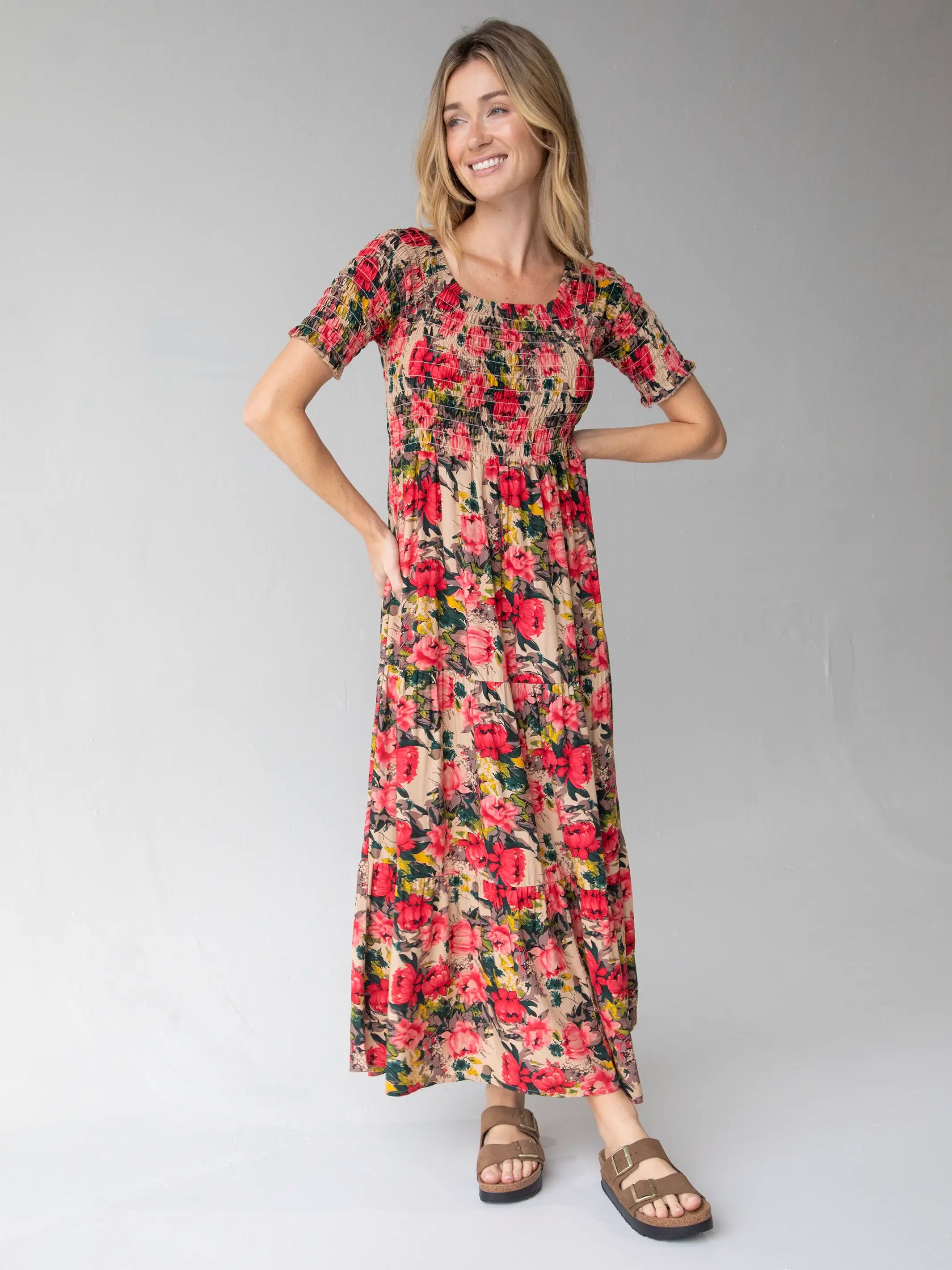 Women Wear Boutique Daisy Tiered Maxi Dress - Tan Red Roses