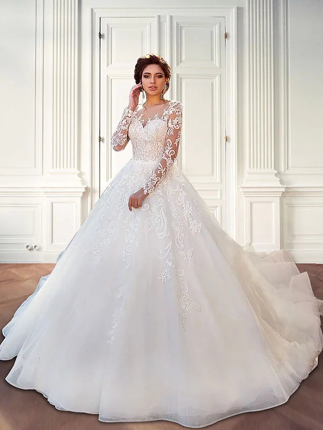 Trend Forward Women's Wear Engagement Formal Wedding Dresses Court Train Ball Gown Long Sleeve Jewel Neck Lace With Lace Appliques