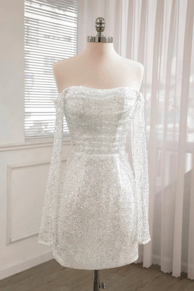 Boutique Styles Sequined Backless Wedding Dress With Long Detachable Sleeves