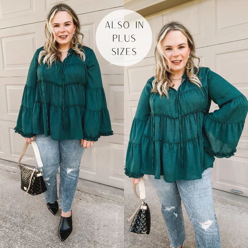 Trendy Casual Outfits Impressive Touch Striped Bell Sleeve Tiered Blouse in Emerald Green