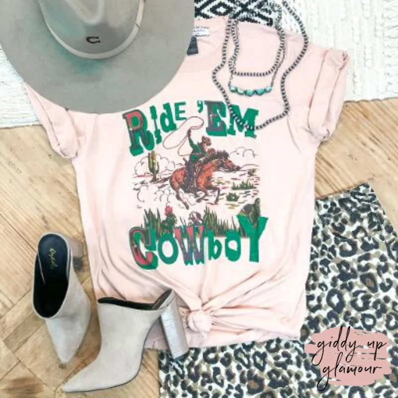 Trend Forward Threads For Her Ride 'Em Cowboy Western Graphic Tee in Peach