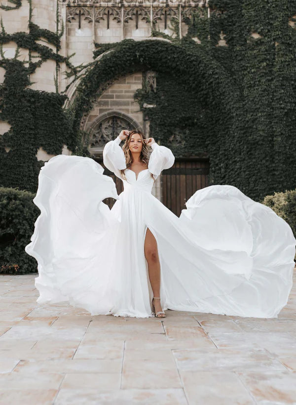 You'Ll Love Us Because Wedding Dress A-Line Sweetheart Long Sleeves Chiffon Sweep