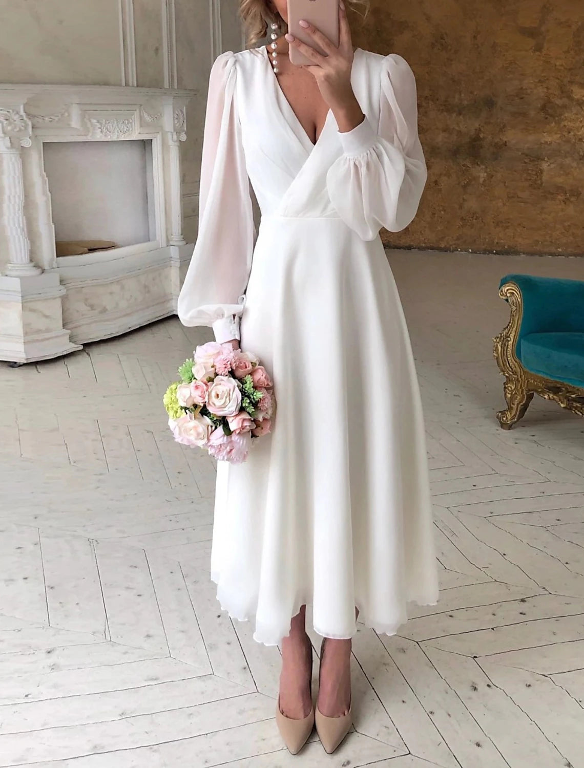 Trendy And Individual Women's Fashion Reception Little White Dresses Wedding Dresses A-Line V Neck Long Sleeve Ankle Length Chiffon Bridal Gowns With Solid Color