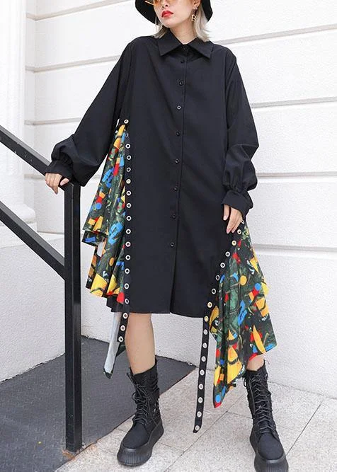 Trendy Casual Outfits Beautiful black Cotton dress side patchwork Plus Size fall shirt Dress