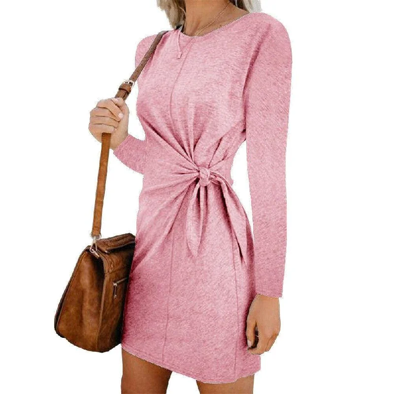 Valentine's Special FashionSierra - New Fashion Women's Casual Sweatshirt Long Sleeve Crew Neck Lace-Up Autumn Winter Dress Elegant Ladies Bodycon T-Shirt Dress