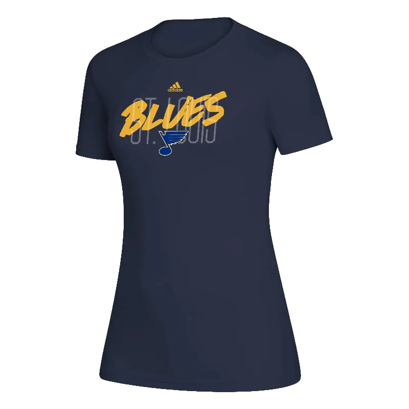 Day To Night Styles ST. LOUIS BLUES WOMENS ADIDAS SCRIPT PERFORMANCE TECH TEE - NAVY