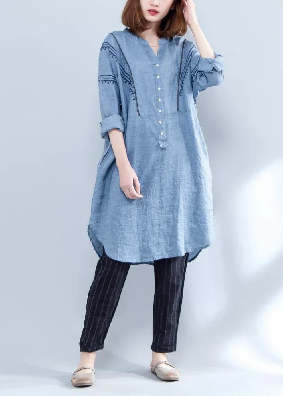 Casual and Comfortable Outfits Handmade blue linen clothes embroidery Midi summer Dresses