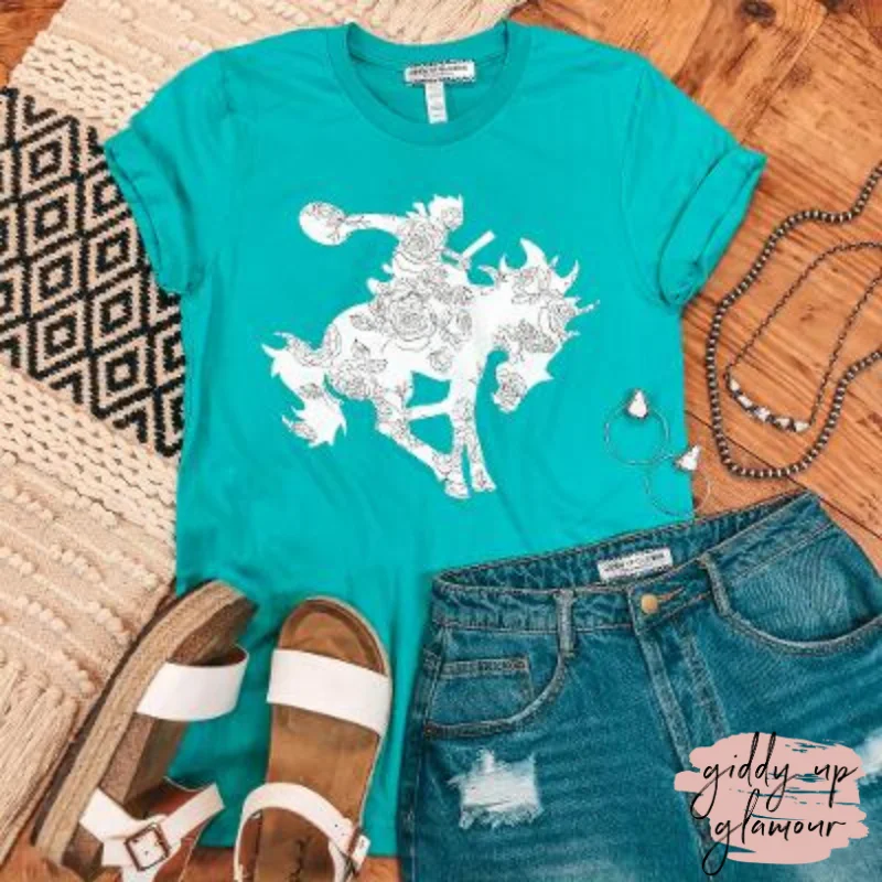 Casual Yet Stylish Separates Tough Buck Saddle Bronc Graphic Tee in Turquoise