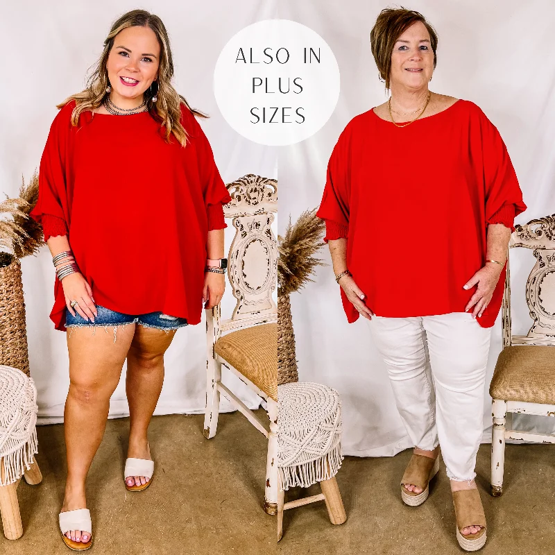 Comfy Women's Outfits for Daily Wear Last Chance Size Small (oversized) | Growing and Glowing Smocked 3/4 Sleeve Oversized Blouse in Red