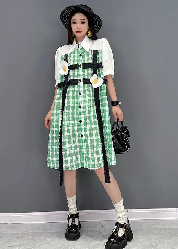 Cheap Women's Clothing Online Modern Green Plaid Peter Pan Collar Patchwork Floral Maxi Dress Short Sleeve