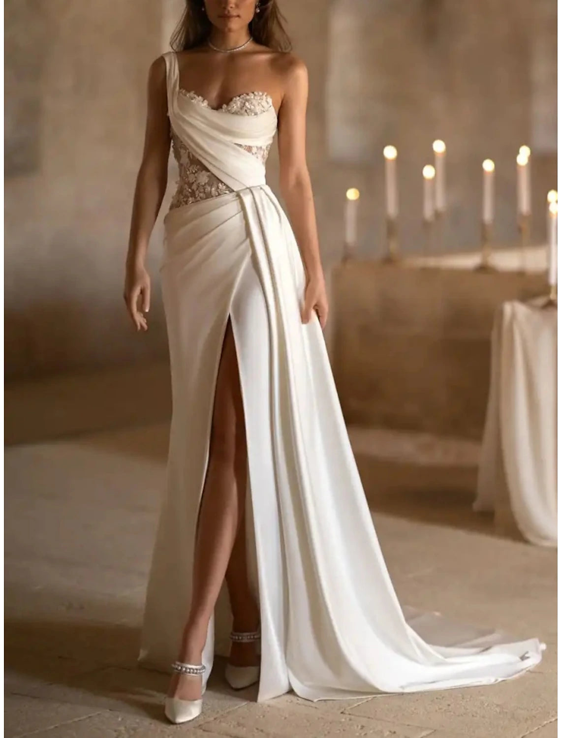 Unbeatable Prices Hall Mature Wedding Dresses A-Line One Shoulder Sleeveless Court Train Satin Bridal Gowns With Pleats Appliques