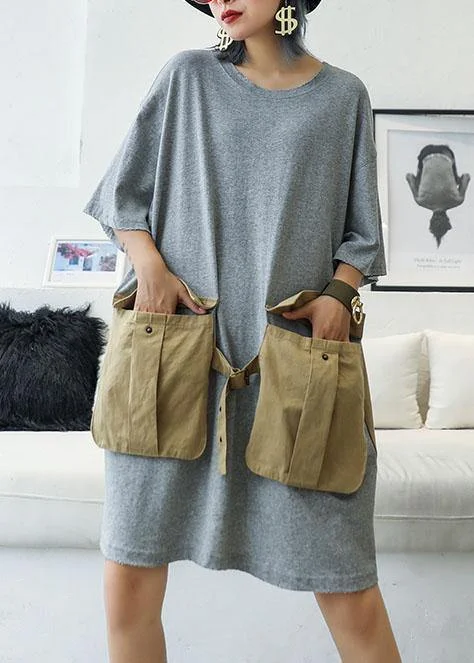 Day To Night Styles Loose patchwork big pockets Cotton clothes Women Inspiration gray Dresses summer