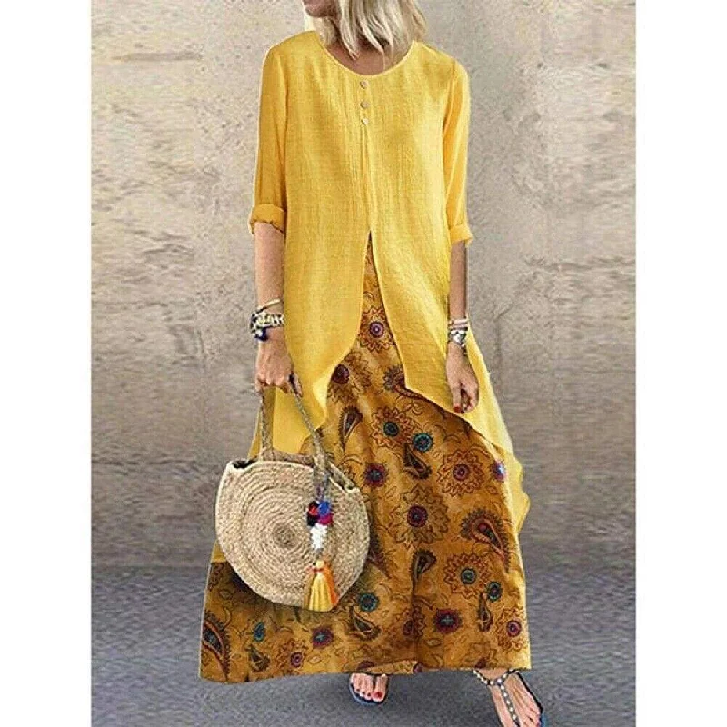 Limited Styles FashionSierra - New Women's Peasant Ethnic Boho Long Shirt Vest Dress Summer Casual Long Sleeve Loose Kaftan Maxi Dress Sundress Plus Size