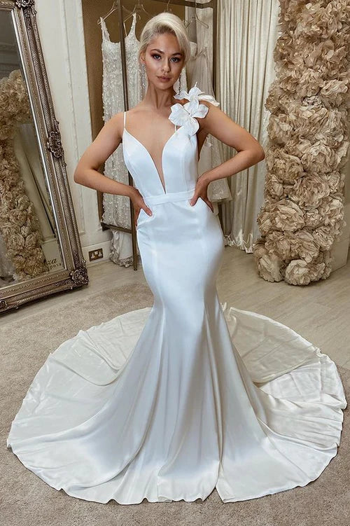 Unleash Your Style White Satin Backless Mermaid Chapel Train Wedding Dress with Flowers