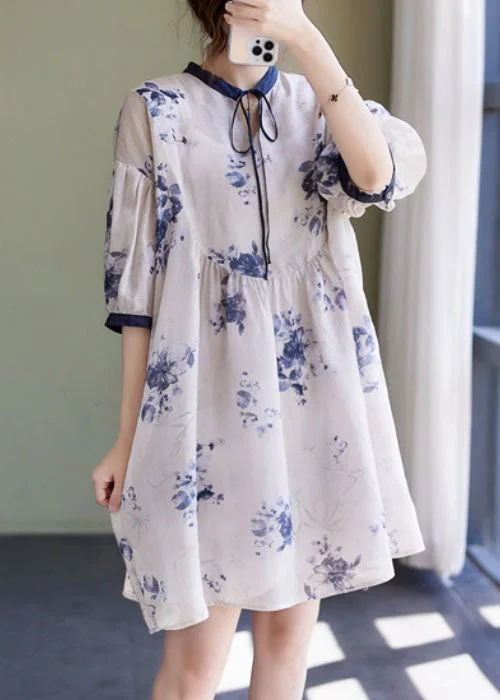 Everyday Fashion Style White Stand Collar Asymmetrical Wrinkled Print Cotton Linen Party Dress Half Sleeve