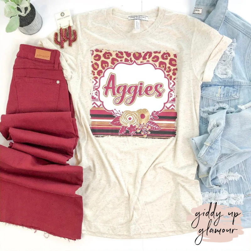 Chic Trend Collection Last Chance Size 3XL | Aggie Game Day | Cheetah & Serape with Aggies in Cursive Short Sleeve Tee Shirt in Oatmeal Ivory