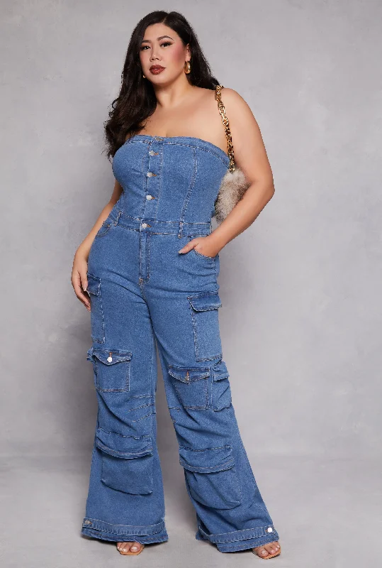 Signature Style Essentials Plus Size Daisy Denim Strapless Cargo Jumpsuit