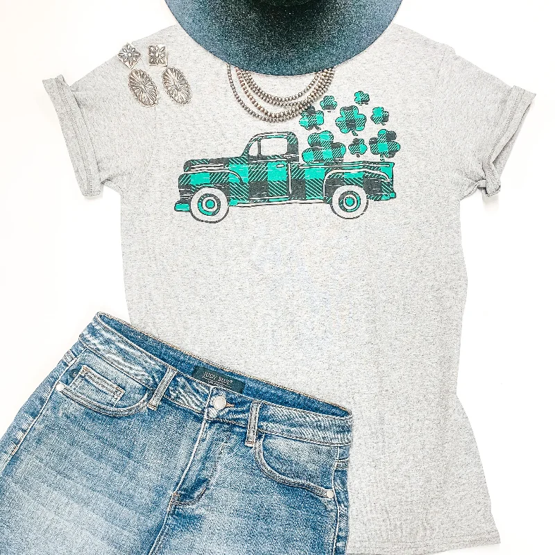 Step Ahead, Lead The Trend Take My Luck For A Ride Buffalo Plaid Pickup Truck with Clovers Graphic Tee in Heather Grey