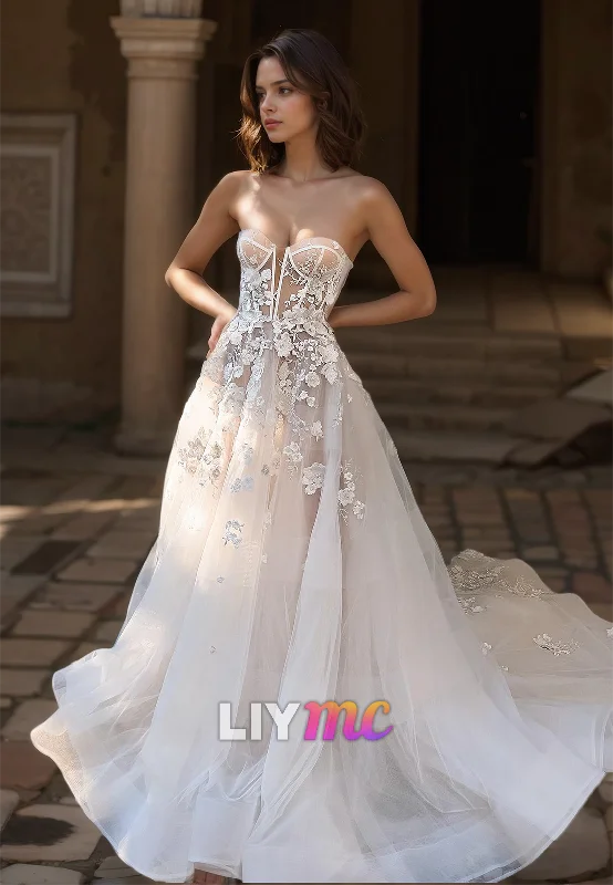 Trendy Street Style Attire Sweetheart Strapless Floral Embellished A-Line Wedding Dress