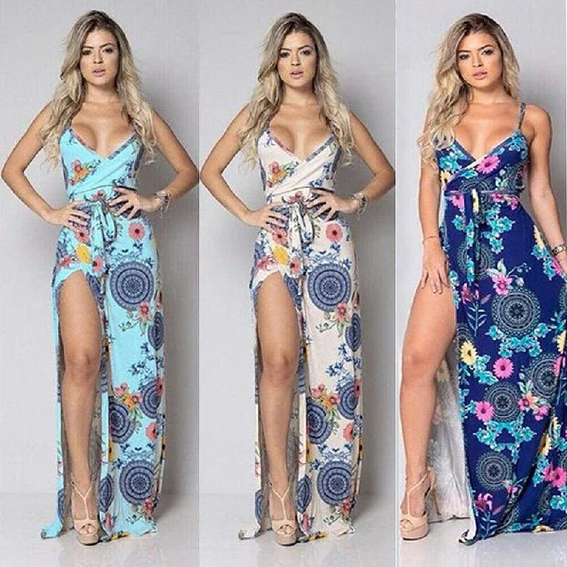 Women's Urban Fashion FashionSierra - New Women Summer Vintage Boho Sleeveless Long Maxi Dress Ladies V-Neck Fashion Beach Party Dress Sundress