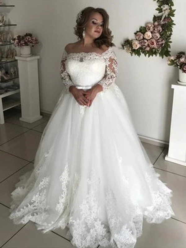 Fashion Forward A-Line/Princess Off-the-Shoulder Long Sleeves Court Train Lace Tulle Wedding Dresses